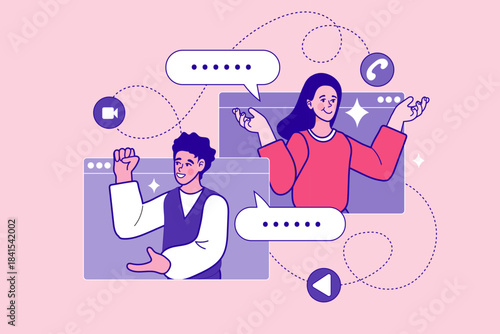 Colleagues talking via video call screens with chat bubbles. Concept of remote team meeting, virtual conference communication, online webinar discussion, and digital work collaboration strategy.