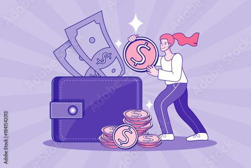 Woman putting giant dollar coin into purple wallet with cash and stack of coins. Concept of personal finance savings, smart wealth investment, money management growth, and economic profit success.