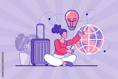 Woman traveler with suitcase having lightbulb idea using smartphone next to globe. Concept of smart tourism planning, global travel inspiration, digital nomad lifestyle, and booking holiday trip.