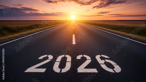 Sunset Road Leading to 2026 Marking Future Journey, Open Highway, Landscape Photography, Outdoor Environment, Straightforward View