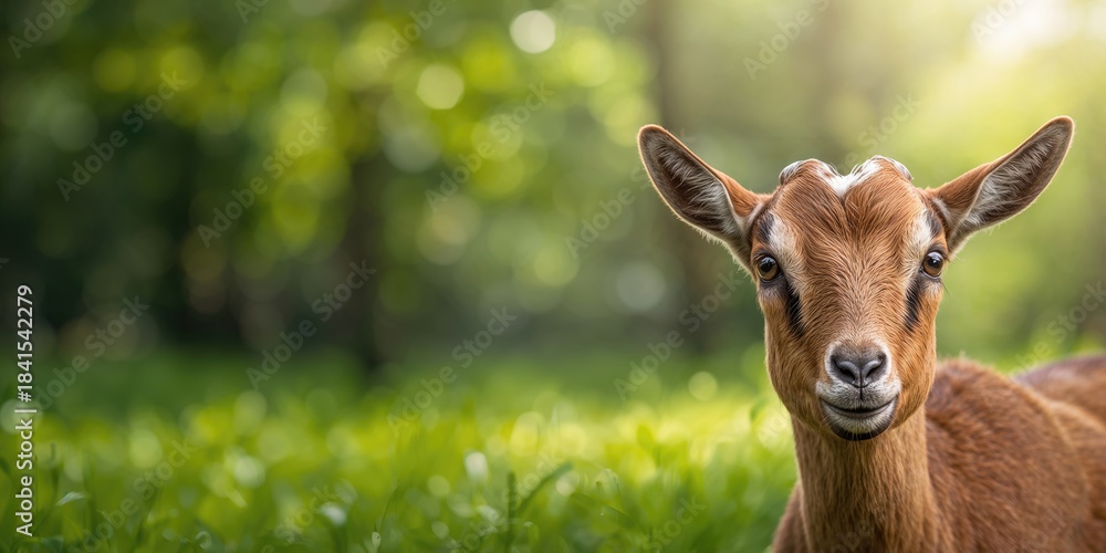 Obraz premium Close-up of a brown goat in a summer forest setting, highlighting natural wildlife and animal behavior