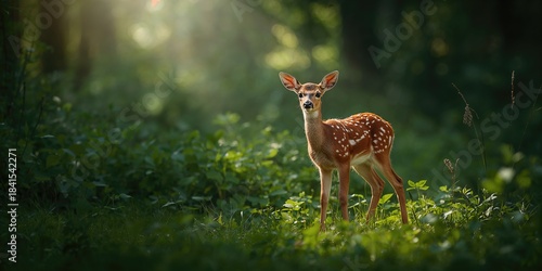 Fototapeta Naklejka Na Ścianę i Meble -  A curious fawn in its natural habitat, wildlife observation