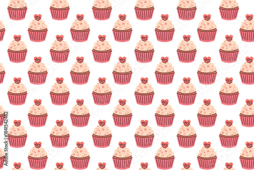 Repeatable background texture featuring delicious muffins with heart sprinkles. Romantic sweet pastry pattern suitable for holiday packaging and textile print.