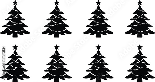 Collection of Christmas tree silhouette icons decorated with stars and bead garlands, ideal for holiday crafts, winter design projects, festive graphics, Christmas printing and seasonal illustration