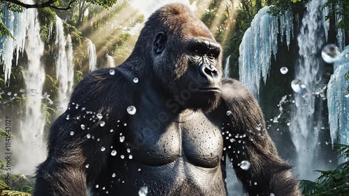 Powerful gorilla amid misty spray, sunlit waterfall and lush jungle framing its calm gaze today now