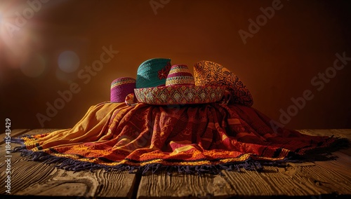 Colorful serape with traditional Mexican sombreros displayed on rustic wooden surface, highlighting cultural crafts, UNESCO World Heritage Day