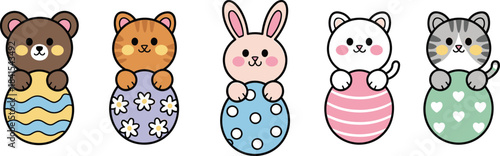 Cute animals holding decorated Easter eggs, adorable cartoon bear, cat, bunny and kitten characters in colorful spring design perfect for holiday, nursery, kids artwork and festive themes
