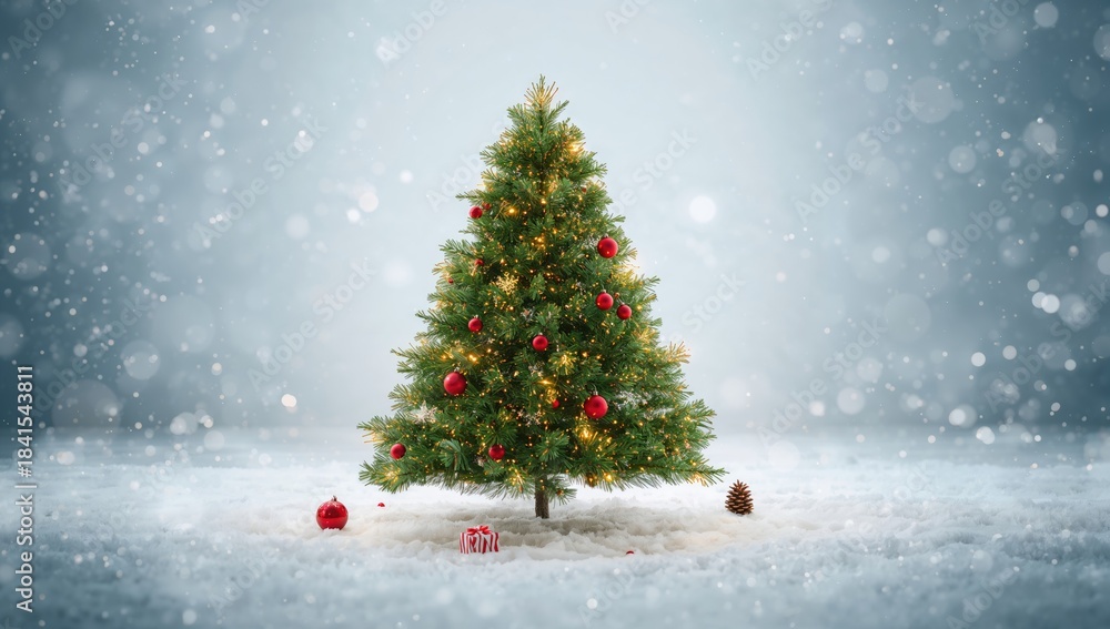 Obraz premium Christmas evergreen tree adorned with lights in a snowy winter setting, holiday decoration