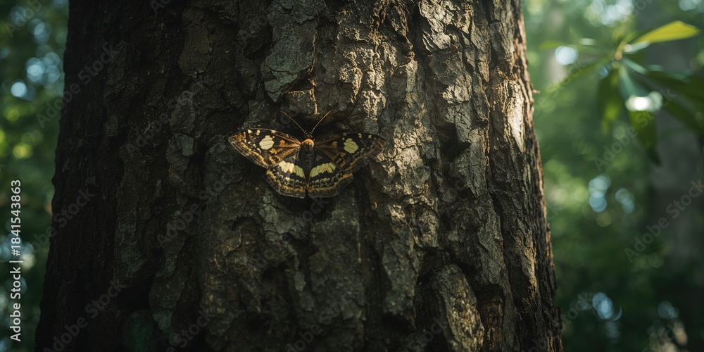 Obraz premium A moth with cryptic coloration resting on bark, focus on camouflage techniques