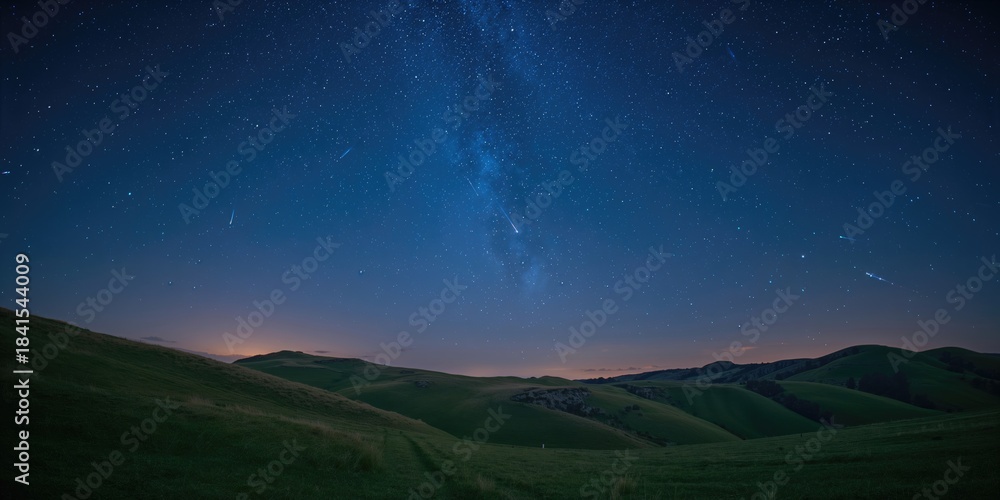 Obraz premium Meteor shower in the evening sky with falling stars over green hills, ideal for a celestial-themed background