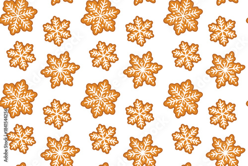 Cold season background with baked crystal stars. Repeating texture of glazed gingerbread snowflakes for New Year and Christmas print.