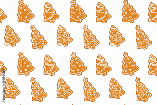 Holiday texture featuring baked fir trees with ornaments. Endless background of glazed evergreen biscuits for festive winter design.