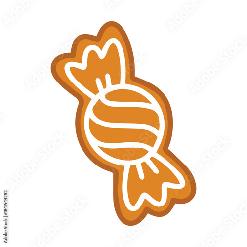 Single holiday biscuit with white sugar icing. Traditional baked gingerbread sweet shaped like wrapped candy for Christmas dessert decoration.