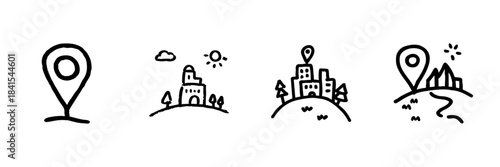 Location And Navigation Line Icon Set In Doodle Style. Map Pin, Cityscape, And Landmark Outline Sketch Collection. Travel And Destination Planning. Hand Drawn Isolated Vector Illustration