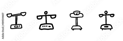 Weighing Scales Line Icon Set In Doodle Style. Measurement, Balance, And Weight Tracking Outline Sketch Collection. Hand Drawn Isolated Vector Illustration