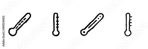 Thermometer Line Icon Set In Doodle Style. Temperature Measurement And Climate Monitoring Outline Sketch Collection. Medical And Weather Instrumentation. Hand Drawn Isolated Vector Illustration