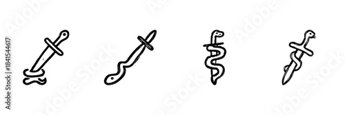 Snake And Dagger Line Icon Set In Doodle Style. Symbol Of Medicine, Healing, And Protection Outline Sketch Collection. Mythological And Historical Representation. Hand Drawn Vector Illustration
