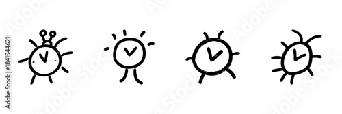 Clock Characters Line Icon Set In Doodle Style. Time Management And Creativity Concept Outline Sketch Collection. Playful And Whimsical Design. Hand Drawn Isolated Vector Illustration