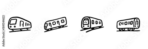 Train And Subway Line Icon Set In Doodle Style. Public Transportation, Commuting, And Urban Transit Outline Sketch Collection. Hand Drawn Isolated Vector Illustration