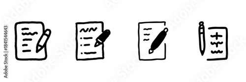 Notebook And Pen Line Icon Set In Doodle Style. Writing, Note-Taking, And Document Editing Outline Sketch Collection. Hand Drawn Isolated Vector Illustration