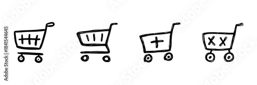 Shopping Cart Line Icon Set In Doodle Style. E-Commerce, Online Shopping, And Retail Transaction Outline Sketch Collection. Hand Drawn Isolated Vector Illustration