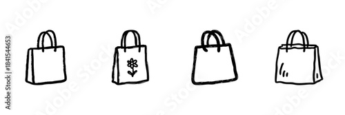 Shopping Bags Line Icon Set In Doodle Style. Retail, Eco-Friendly, And Fashion Accessories Outline Sketch Collection. Hand Drawn Isolated Vector Illustration