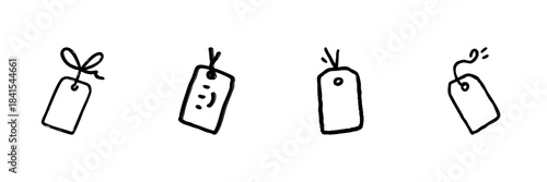 Gift Tags Line Icon Set In Doodle Style. Decorative Labeling And Personalization Outline Sketch Collection. Hand Drawn Isolated Vector Illustration