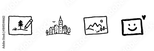 Hand-Drawn Landscape And Emotion Icon Set In Doodle Style. Artistic Expression, Urban And Natural Scenery, And Positive Emotion Outline Sketch Collection. Vector Illustration