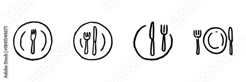 Dining Utensils And Plate Line Icon Set In Doodle Style. Table Setting, Meal Preparation, And Culinary Etiquette Outline Sketch Collection. Hand Drawn Isolated Vector Illustration