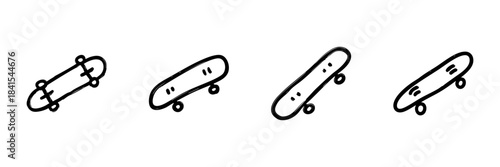 Skateboard Line Icon Set In Doodle Style. Skateboarding, Extreme Sports, And Outdoor Activity Outline Sketch Collection. Hand Drawn Isolated Vector Illustration