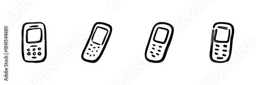 Retro Mobile Phones Line Icon Set In Doodle Style. Vintage Communication Devices Outline Sketch Collection. Nostalgic Technology And Classic Cellphones. Hand Drawn Isolated Vector Illustration