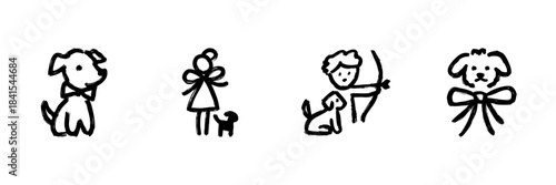 Dog And Human Interaction Line Icon Set In Doodle Style. Pet Companionship, Playfulness, And Friendship Outline Sketch Collection. Hand Drawn Isolated Vector Illustration