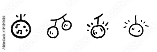 Musical Note And Cherry Icons Line Set In Doodle Style. Sound, Music, And Fruit Symbolism Outline Sketch Collection. Creative And Playful Design Elements. Hand Drawn Isolated Vector Illustration