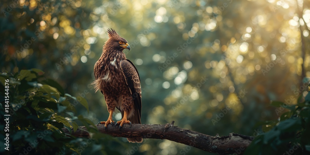 Obraz premium Crested Serpent Eagle resting on a branch, suitable for nature identification and birdwatching backgrounds