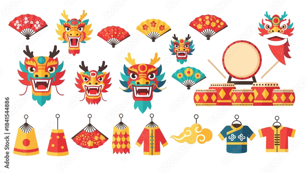 Fototapeta premium Chinese Dragon and Lion Dance Mask Set: Drums, Fans, and Traditional Costume Illustration