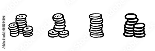 Stacks Of Coins Line Icon Set In Doodle Style. Financial Growth, Savings, And Wealth Accumulation Outline Sketch Collection. Hand Drawn Isolated Vector Illustration