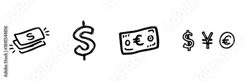 Currency Symbols And Banknotes Line Icon Set In Doodle Style. Financial Transactions, Global Economy, And Money Exchange Outline Sketch Collection. Hand Drawn Isolated Vector Illustration