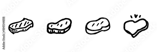 Steak And Heart-Shaped Meat Line Icon Set In Doodle Style. Culinary Art, Food Love, And Gourmet Cooking Outline Sketch Collection. Hand Drawn Isolated Vector Illustration