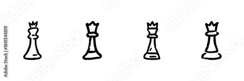 Chess King Piece Line Icon Set In Doodle Style. Strategic Thinking And Leadership Symbol Outline Sketch Collection. Hand Drawn Isolated Vector Illustration