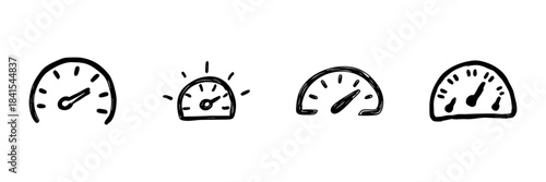 Speedometer And Gauge Line Icon Set In Doodle Style. Performance Measurement And Speed Tracking Outline Sketch Collection. Hand Drawn Isolated Vector Illustration