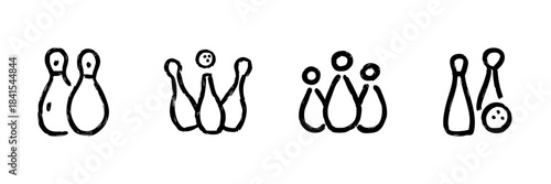 Bowling Pins And Ball Line Icon Set In Doodle Style. Recreational Sports, Leisure Activity, And Team Building Outline Sketch Collection. Hand Drawn Isolated Vector Illustration