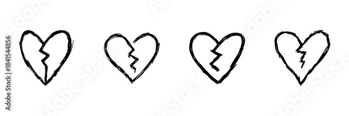 Broken Heart Line Icon Set In Doodle Style. Emotional Pain, Heartbreak, And Relationship Challenges Outline Sketch Collection. Hand Drawn Isolated Vector Illustration