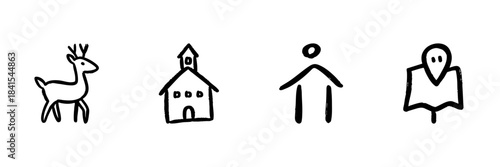 Deer, Church, Person, And Ghost Line Icon Set In Doodle Style. Nature, Spirituality, Humanity, And Supernatural Themes Outline Sketch Collection. Hand Drawn Isolated Vector Illustration