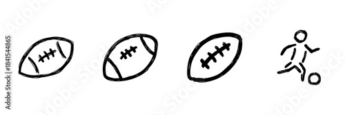 American Football And Soccer Line Icon Set In Doodle Style. Sports Equipment And Player Action Outline Sketch Collection. Hand Drawn Isolated Vector Illustration