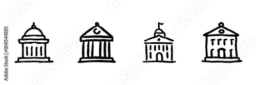Government And Institutional Buildings Line Icon Set In Doodle Style. Civic Architecture And Public Administration Outline Sketch Collection. Hand Drawn Isolated Vector Illustration