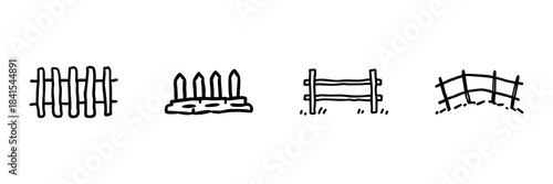Various Fence Designs Line Icon Set In Doodle Style. Garden And Property Boundary Outline Sketch Collection. Decorative And Functional Fencing Options. Hand Drawn Isolated Vector Illustration