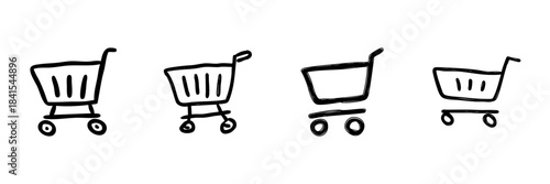 Shopping Cart Line Icon Set In Doodle Style. E-Commerce, Online Shopping, And Retail Marketplace Outline Sketch Collection. Hand Drawn Isolated Vector Illustration