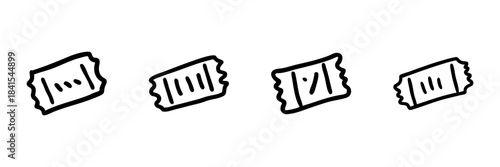 Four Tickets Line Icon Set In Doodle Style. Event Admission, Entertainment Access, And Ticketing System Outline Sketch Collection. Hand Drawn Isolated Vector Illustration