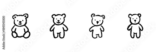 Teddy Bear Line Icon Set In Doodle Style. Cute Plush Toy Collection For Kids And Nursery Decor Outline Sketch. Hand Drawn Isolated Vector Illustration