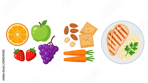 Healthy Food Elements Set: Fruits, Nuts, Vegetables, Grilled Chicken, and Snack Illustration